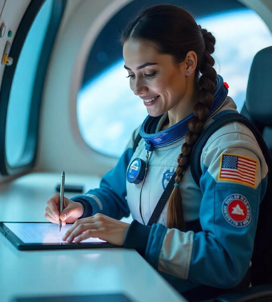Astronaut taking notes on tablet.