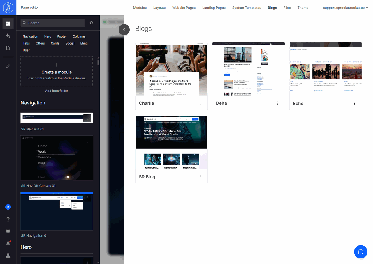 Blogs drawer showing templates available to an installation