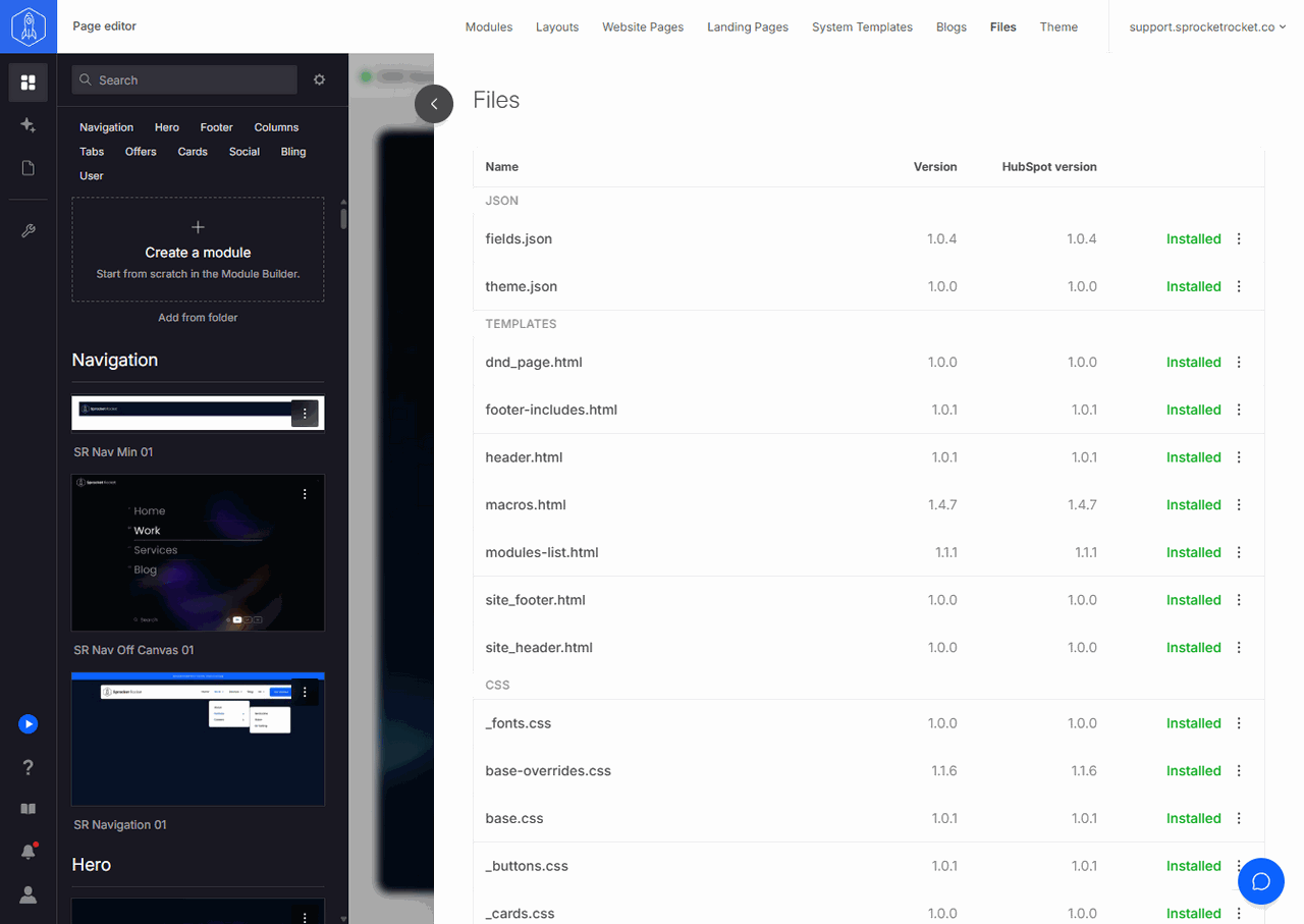 Files drawer listing theme JSON, templates, and CSS files for an installation