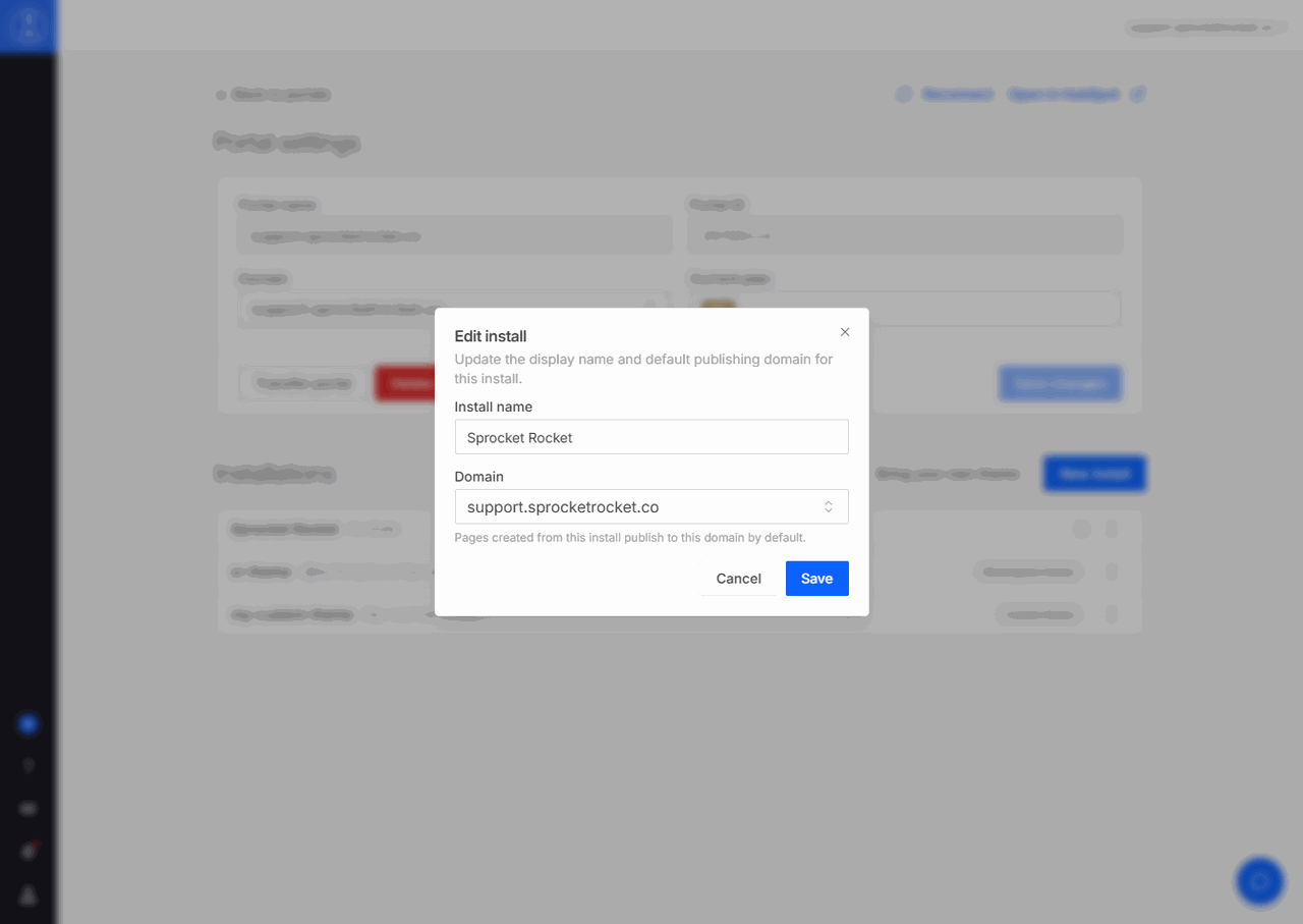 Edit install dialog with the install name and default publishing domain