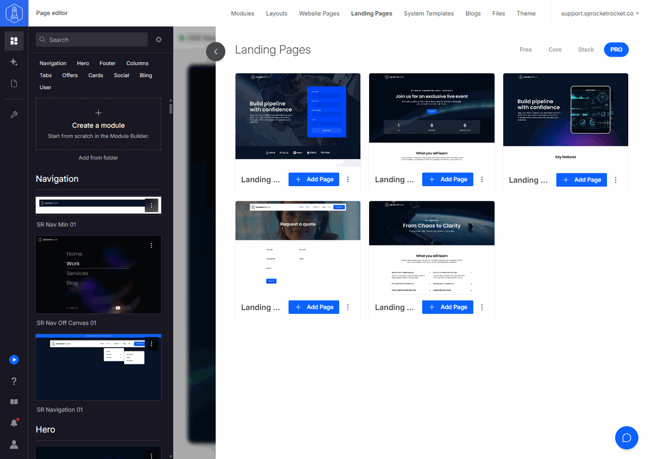Landing Pages drawer showing landing page templates with license filters and Install buttons