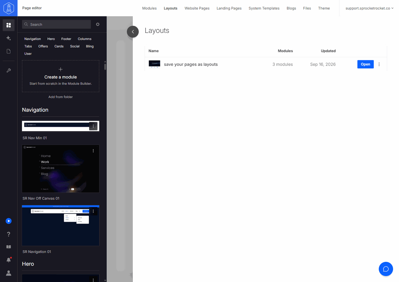 Layouts drawer in the Sprocket Rocket Page Builder