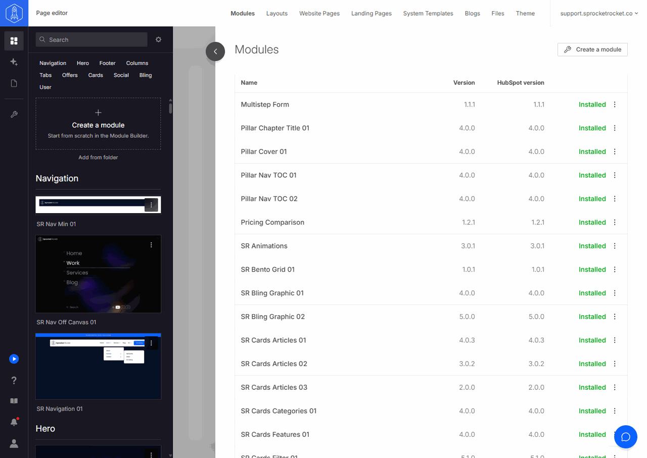 Modules drawer with module rows and their actions
