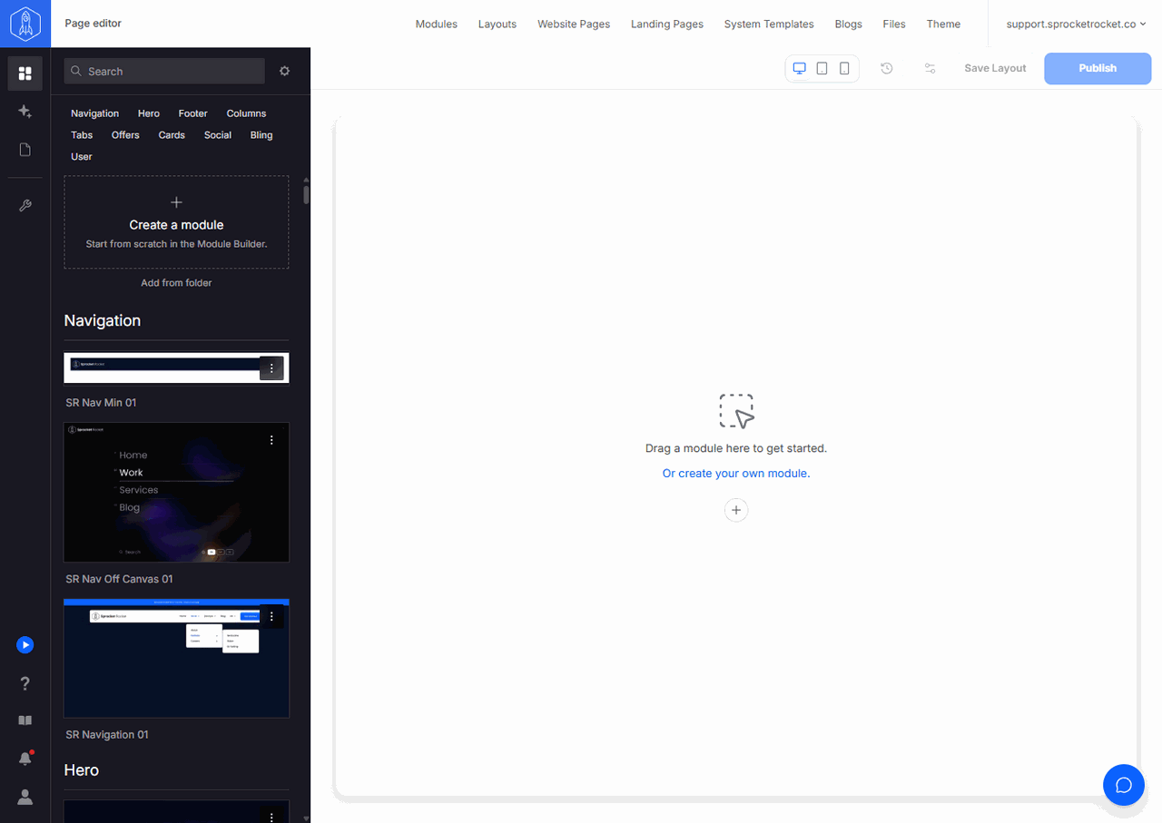 An empty Page Builder after New page, with the Add modules palette open beside the canvas
