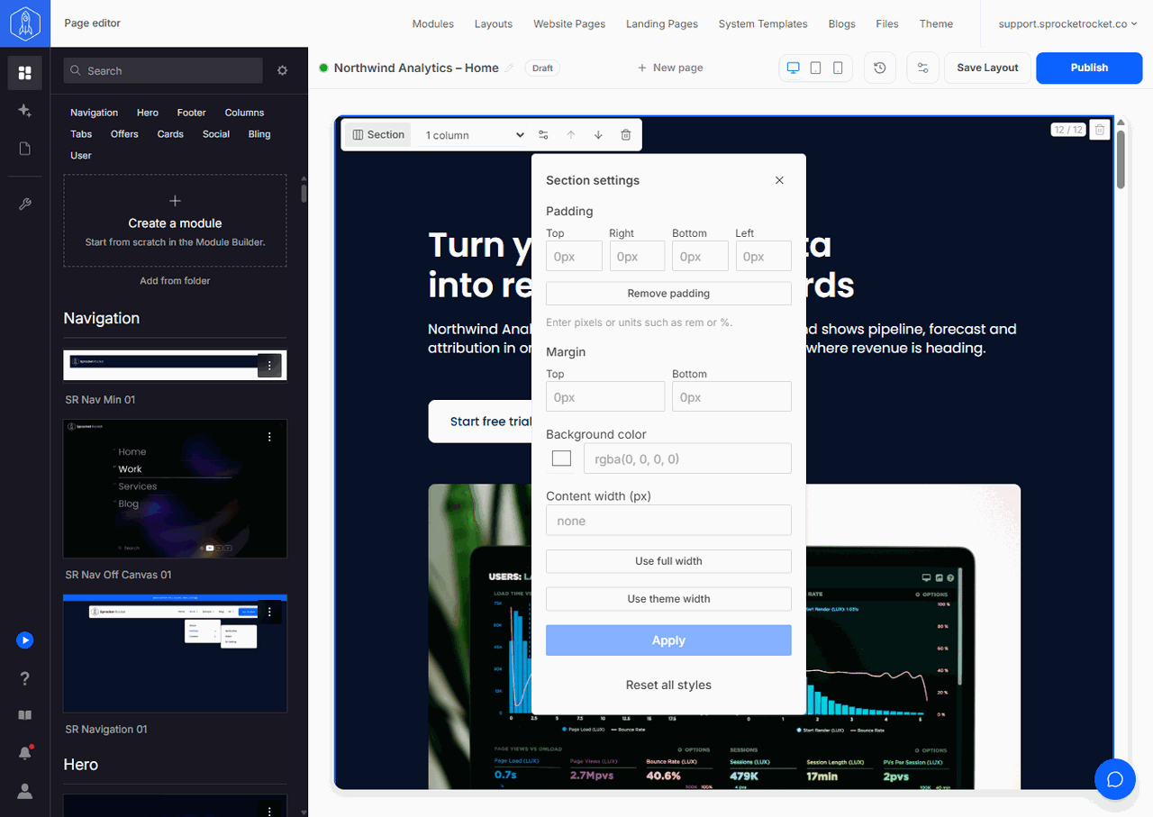 Section settings with padding, margin, background color, and content width fields