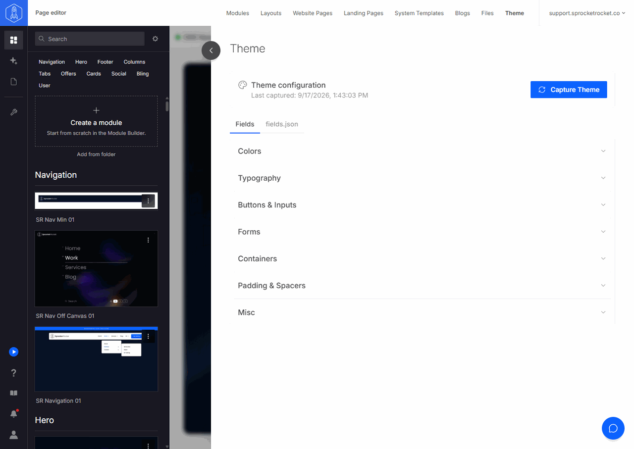 Theme drawer with Capture Theme, the Fields and fields.json tabs, and captured color settings