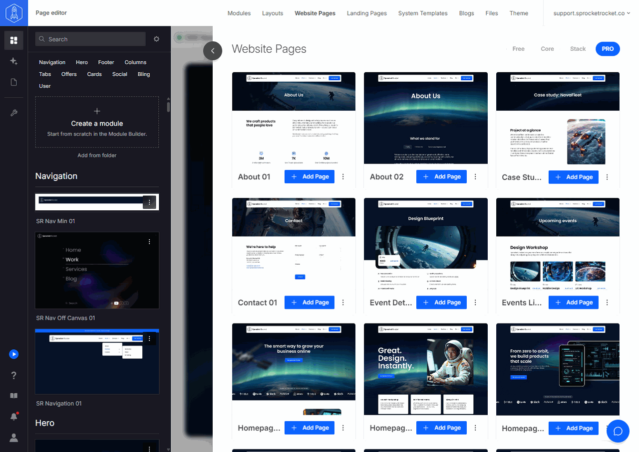 Website Pages drawer showing website page templates with license filters and Install buttons