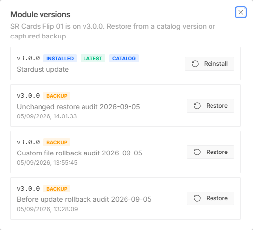 Module versions dialog distinguishing a published catalog release from captured backups with Restore actions