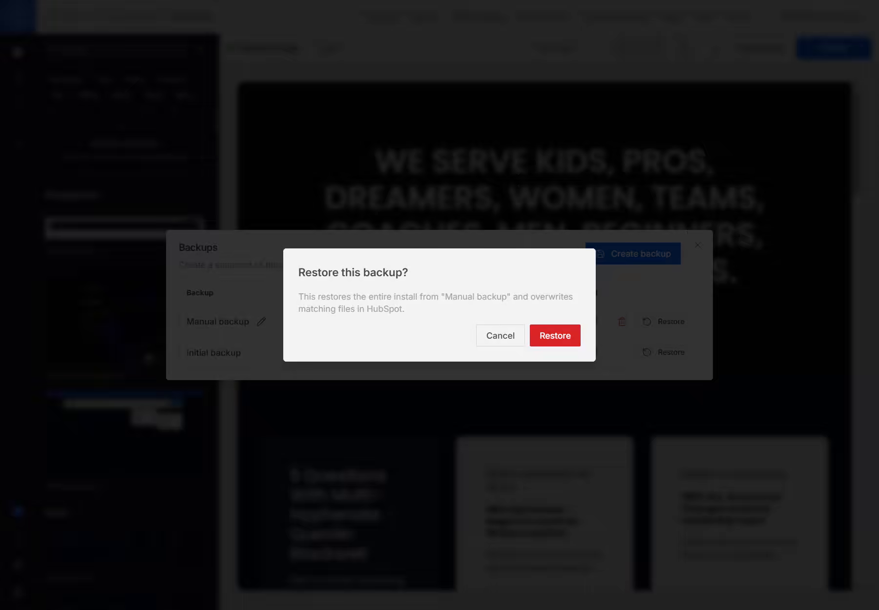 Restore confirmation identifying the selected backup and explaining that matching files in HubSpot will be overwritten