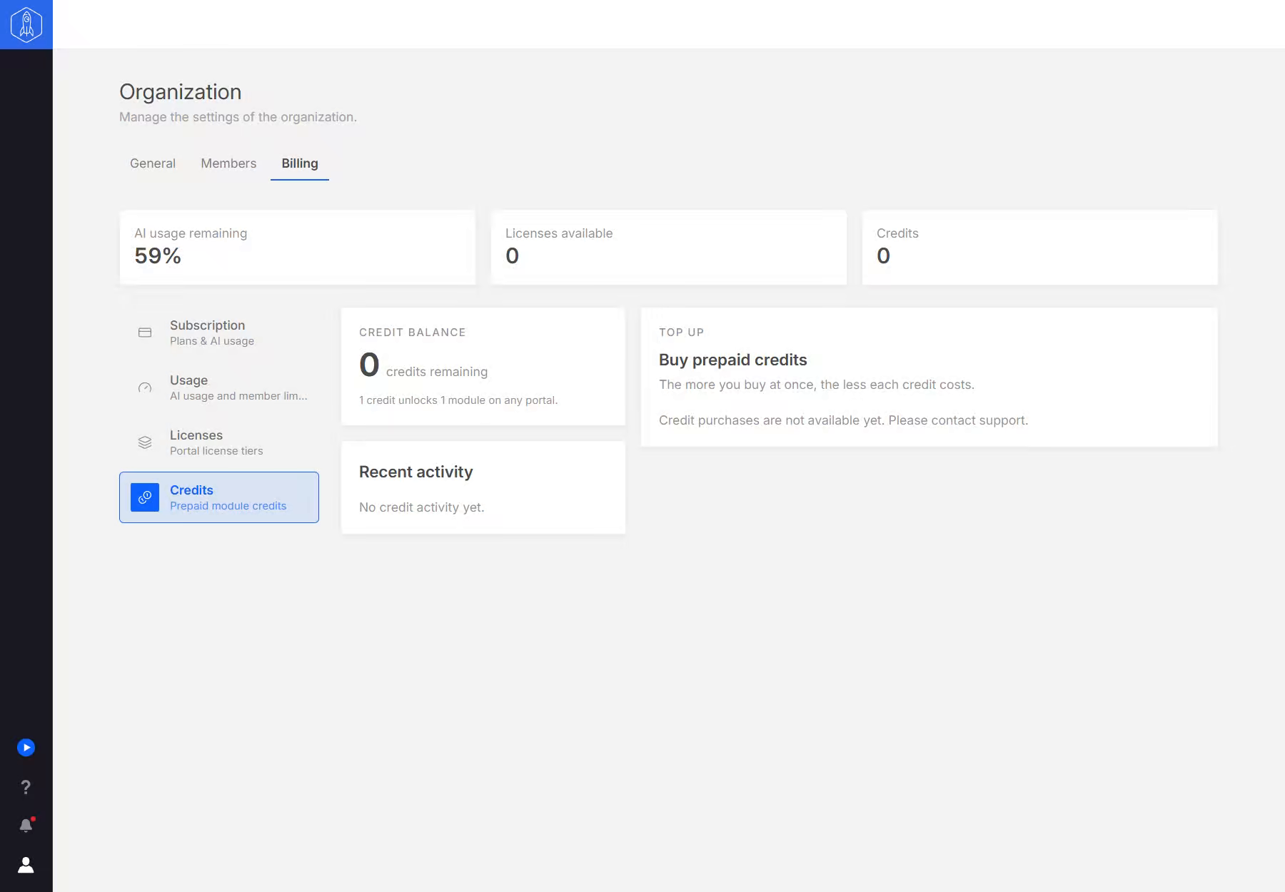 Credits tab with the prepaid credit balance and recent activity area