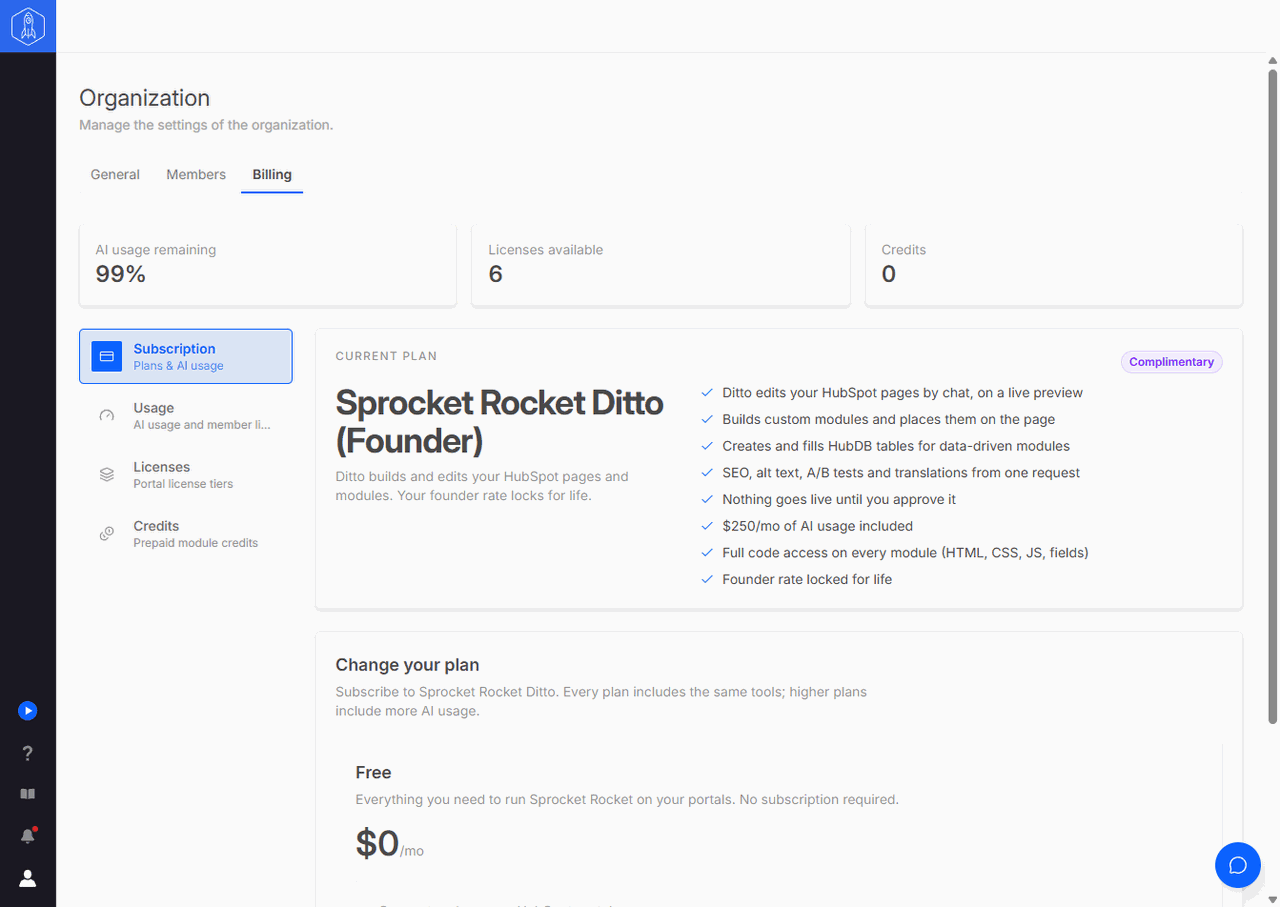 Subscription tab showing the current plan and the Sprocket Rocket AI subscription