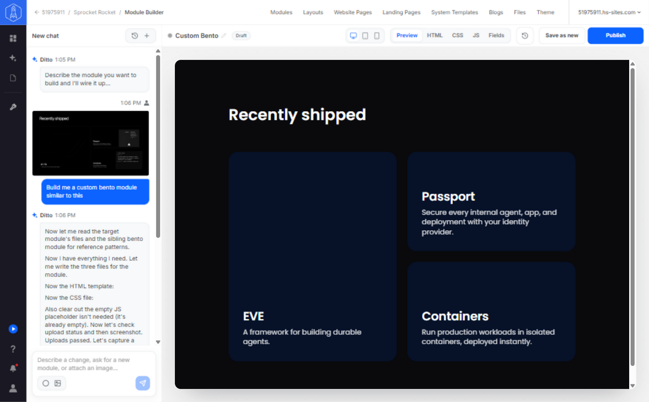 Module Builder editing a custom module, with the preview and code tabs