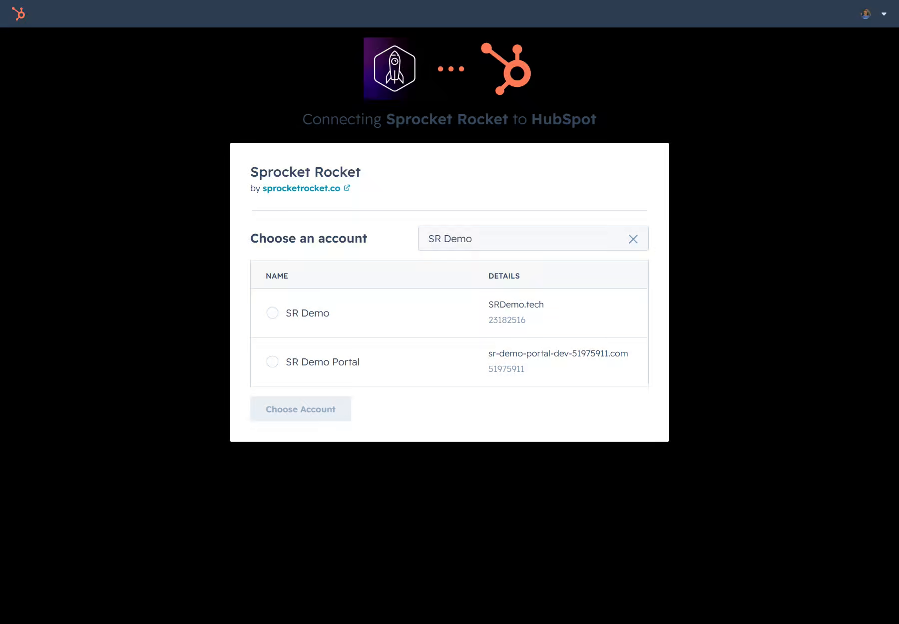 HubSpot account picker filtered to accounts whose names contain SR Demo