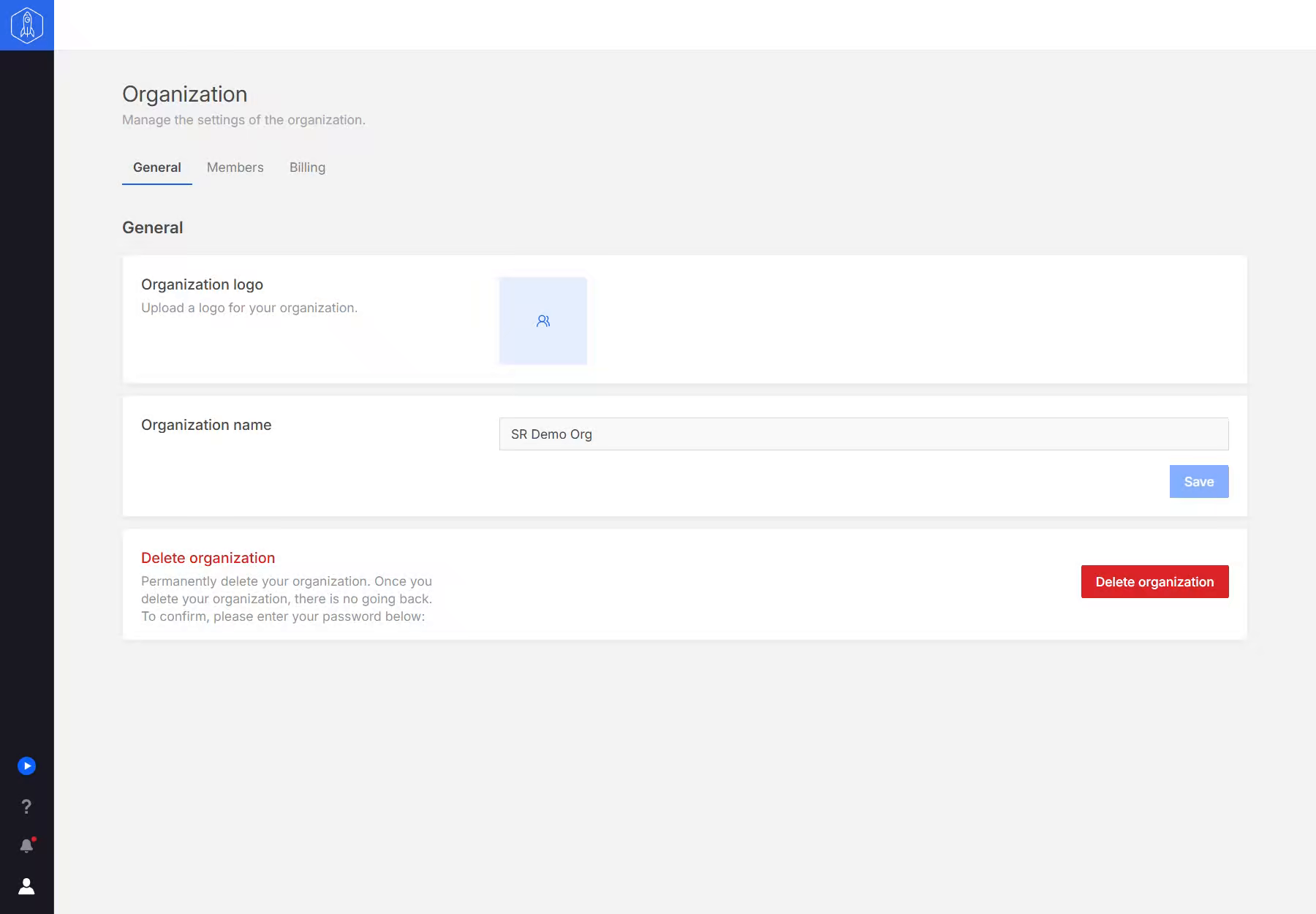General organization settings with controls for the organization logo and name