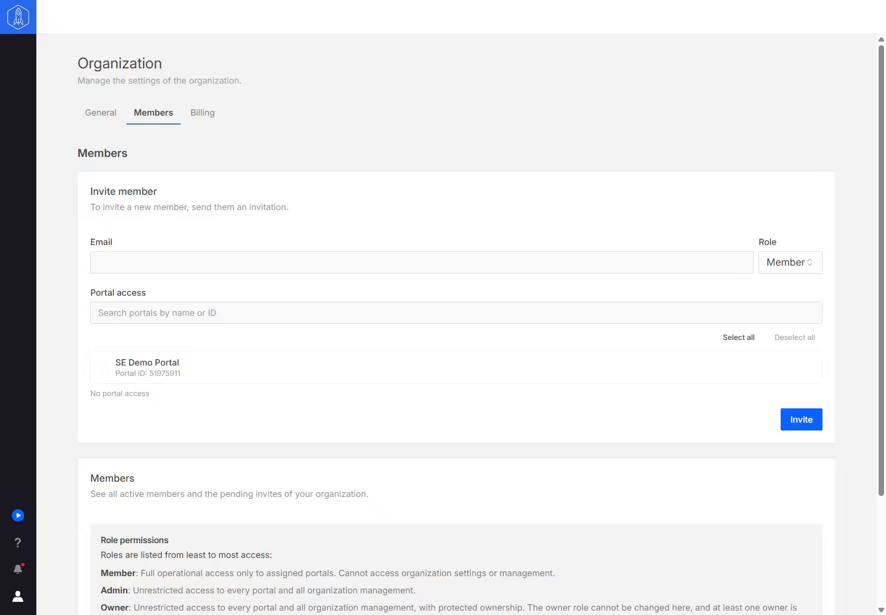Members settings with an invitation form, role selector, and portal access controls