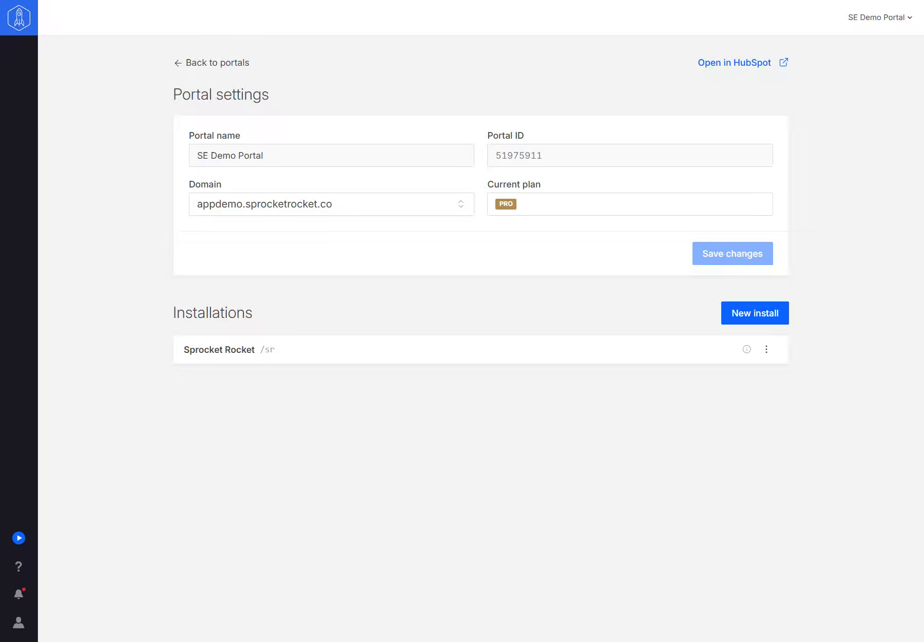 Portal settings with the portal name, portal ID, domain, and current plan, above the Installations list