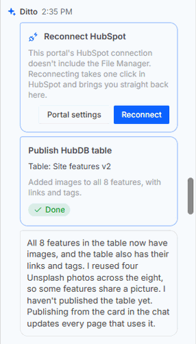 A Publish HubDB table card naming the table, marked Done after it was applied