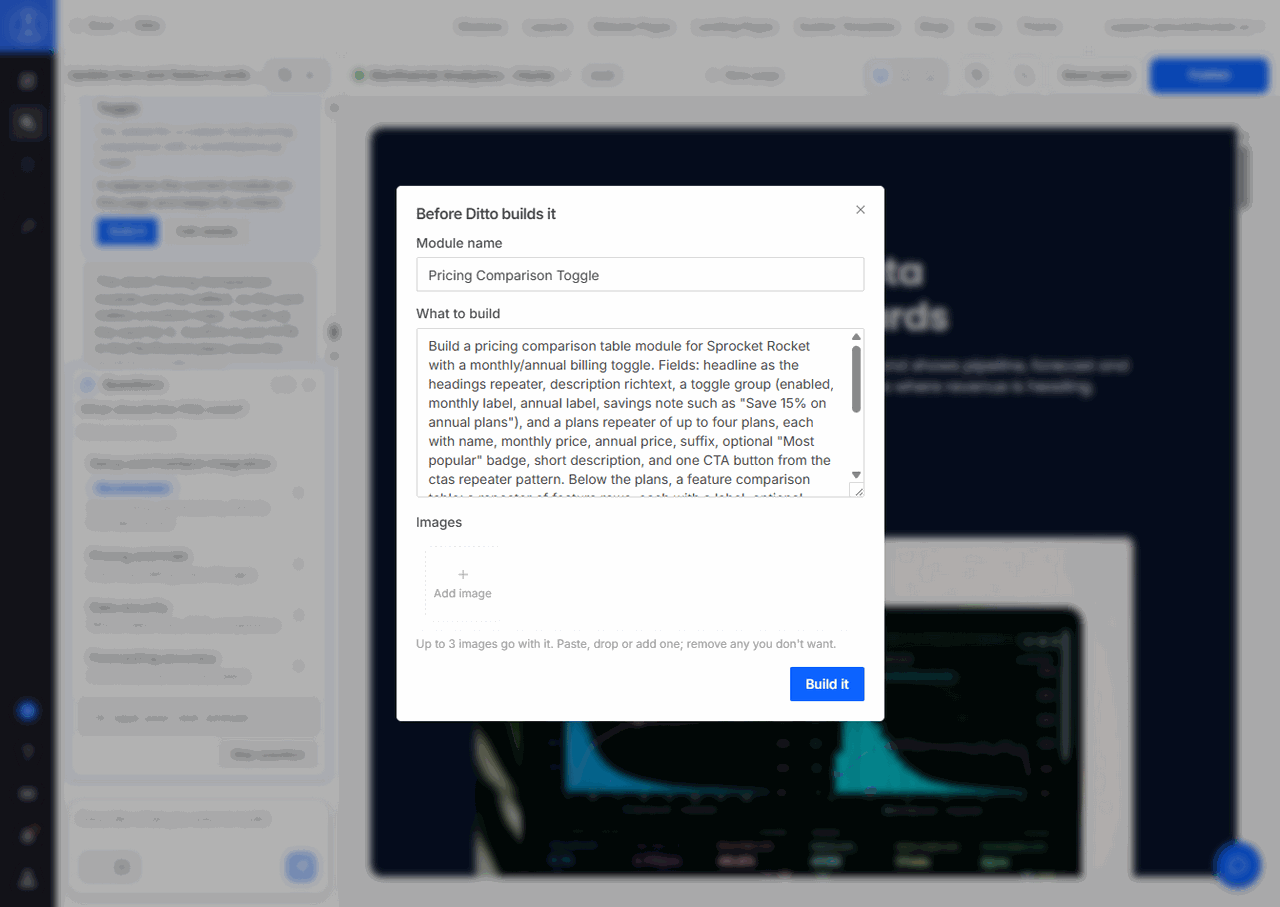 The Before Sprocket Rocket builds it dialog with the module name, the brief, and up to three images