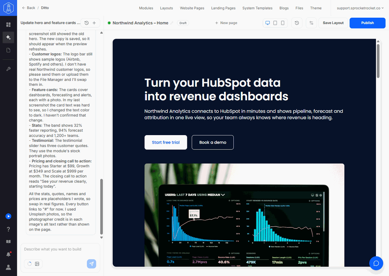 Page Builder with a page on the canvas and the Sprocket Rocket AI chat open beside it