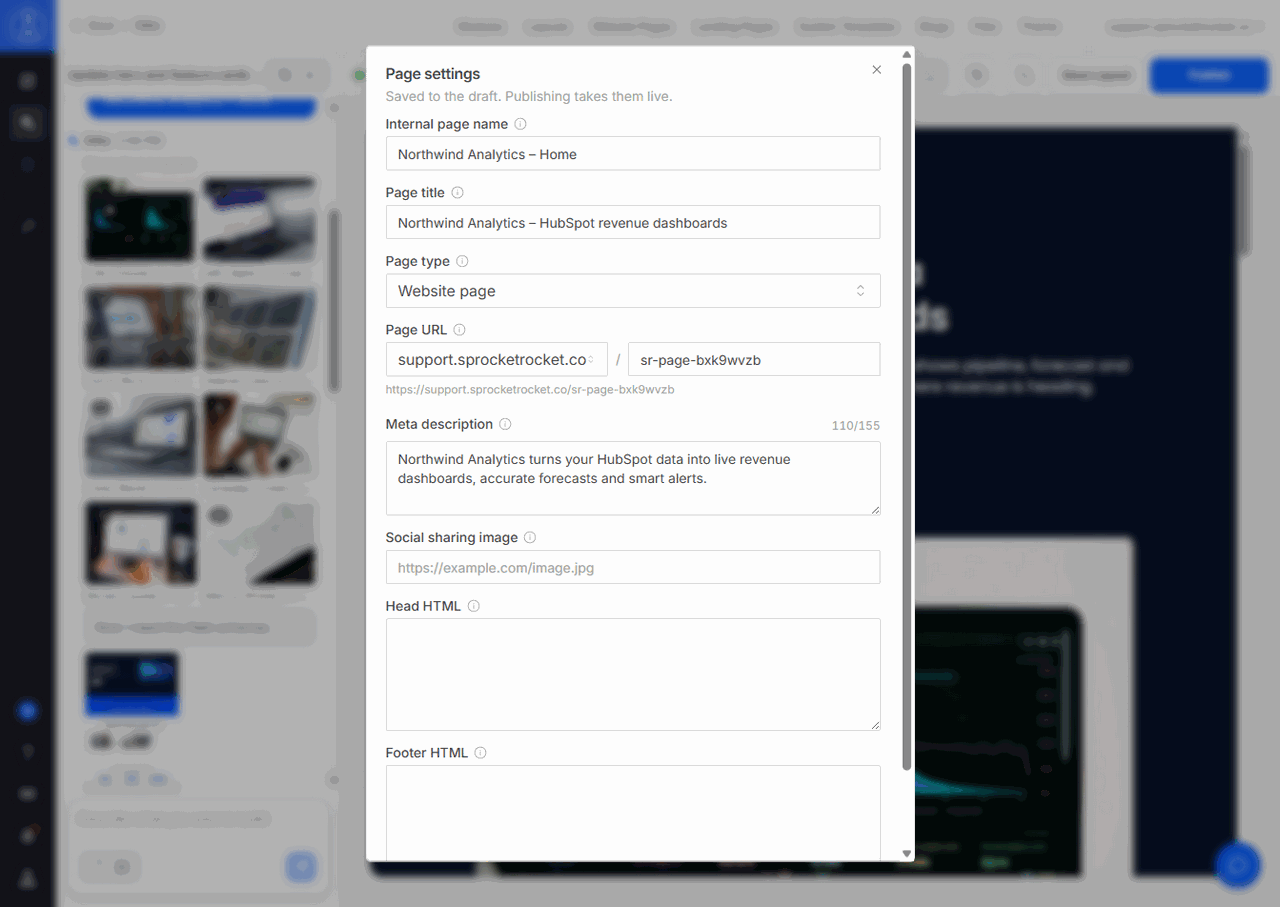 The Page settings dialog with the page title, page URL, meta description, and social sharing image fields