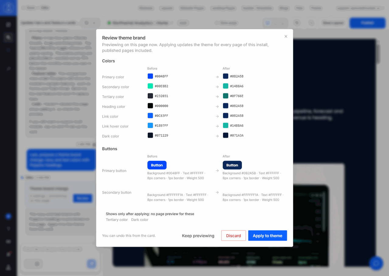 The Review theme brand dialog with before and after values, notes, and Apply to theme, Discard, and Keep previewing